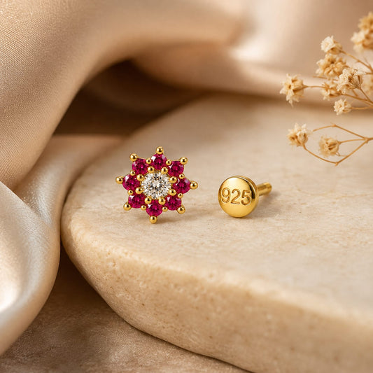 Ruby Pink Floral Zircon Nose Pin in 925 Sterling Silver