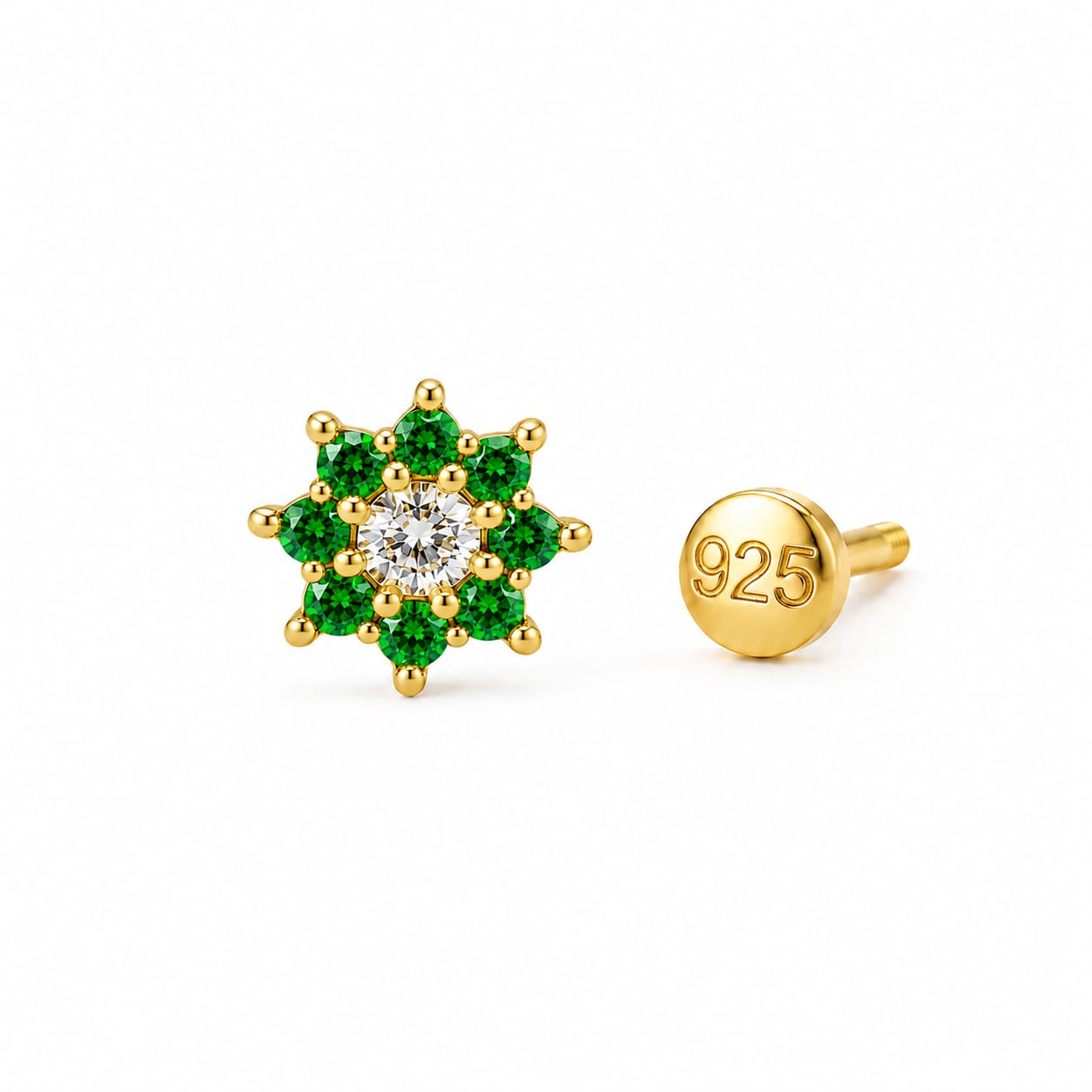 Emerald Green Floral Zircon Nose Pin in 925 Sterling Silver