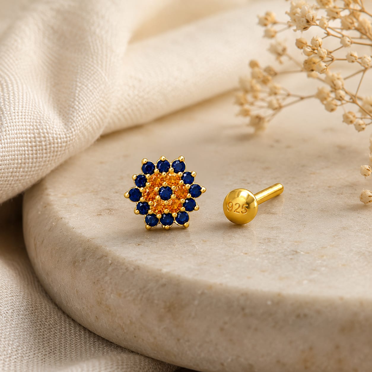 Surya Sapphire Floral Nose Pin in 925 Sterling Silver