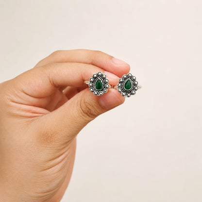 Emerald Drop Oxidised 925 Silver Toe Rings (Pair)
