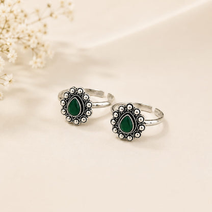 Emerald Drop Oxidised 925 Silver Toe Rings (Pair)