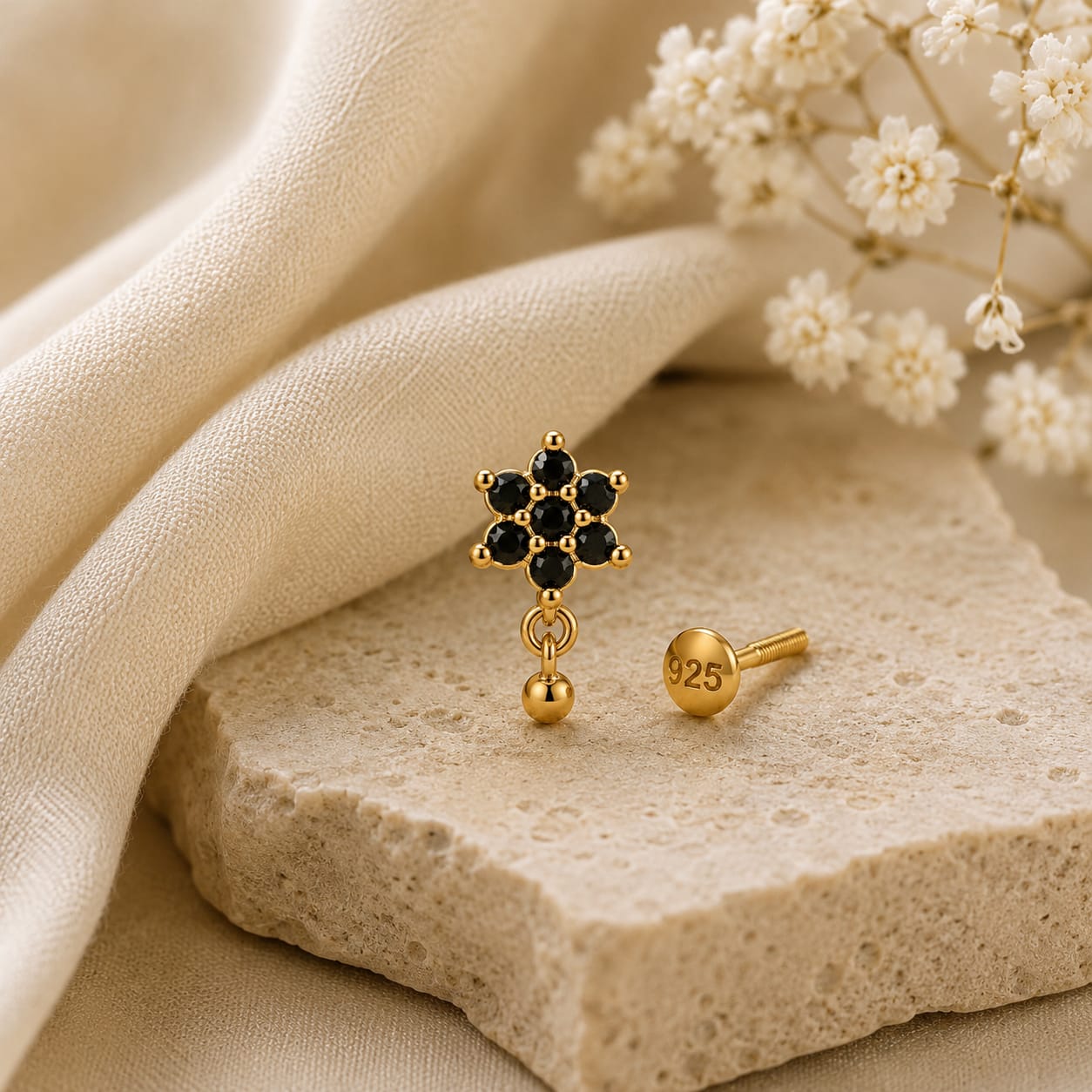Midnight Bloom Drop 925 Silver Nose Pin