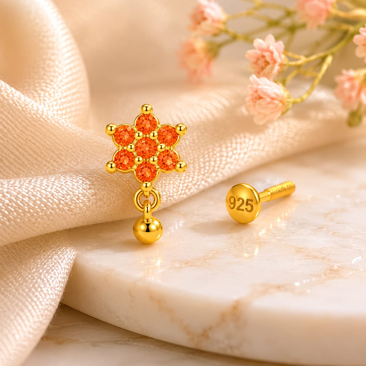 Sunfire Bloom Drop 925 Silver Nose Pin
