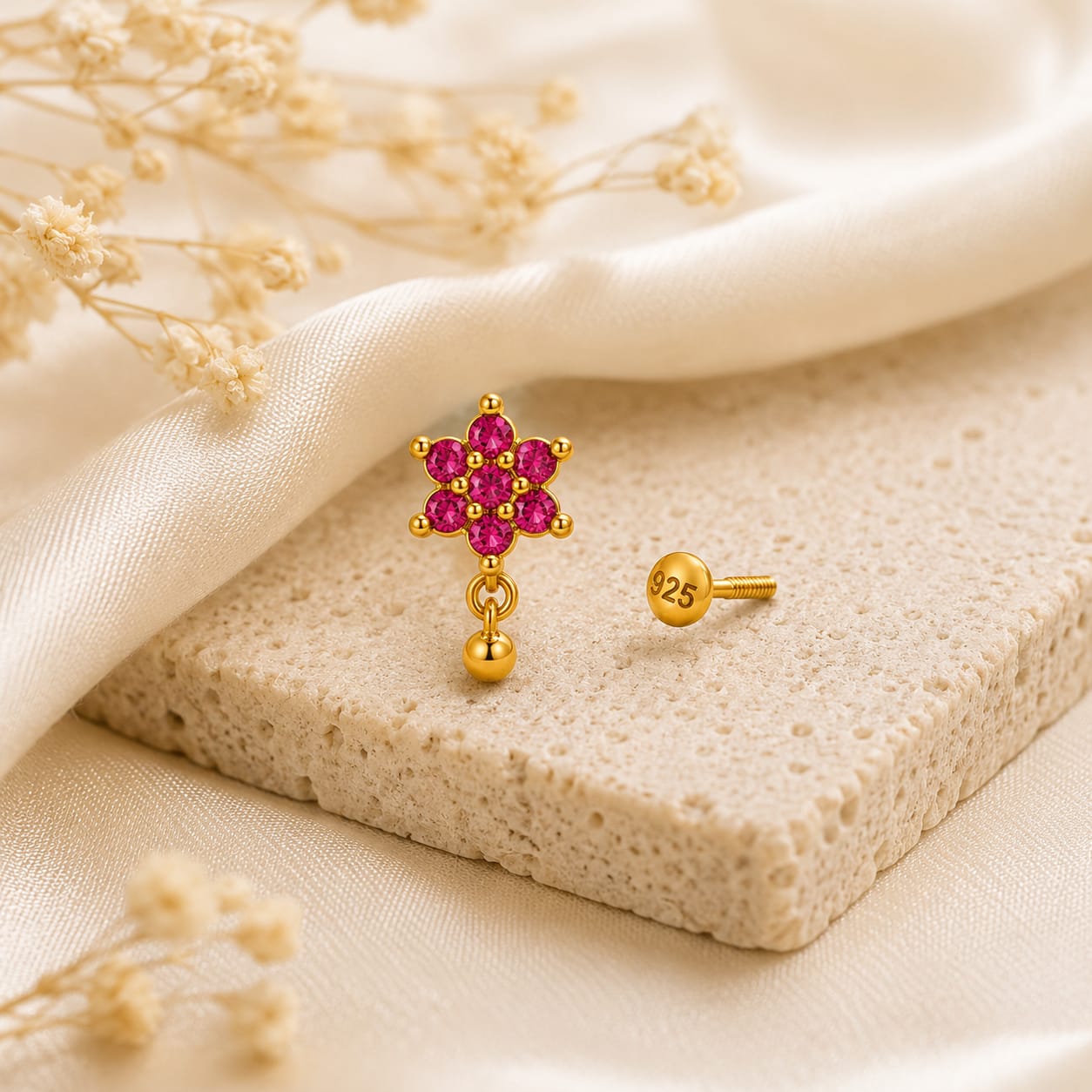 Rosé Bloom Drop 925 Silver Nose Pin