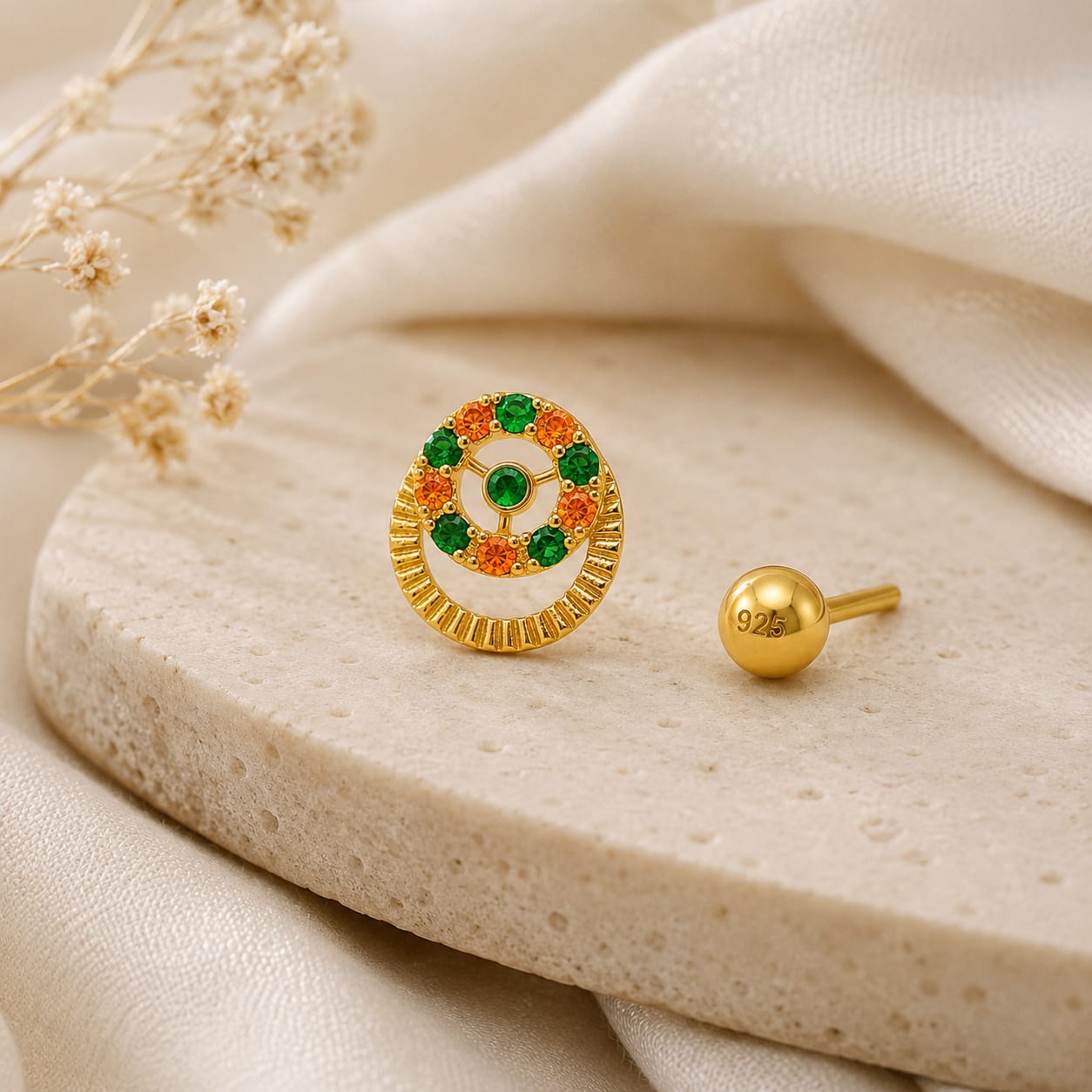Marigold Emerald Halo 925 Silver Nose Pin