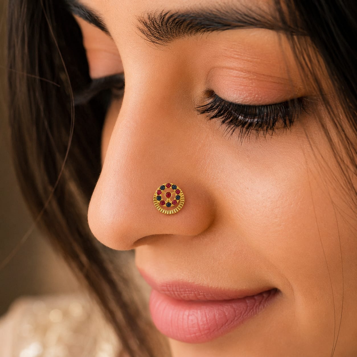 Ruby Sapphire Halo 925 Silver Nose Pin