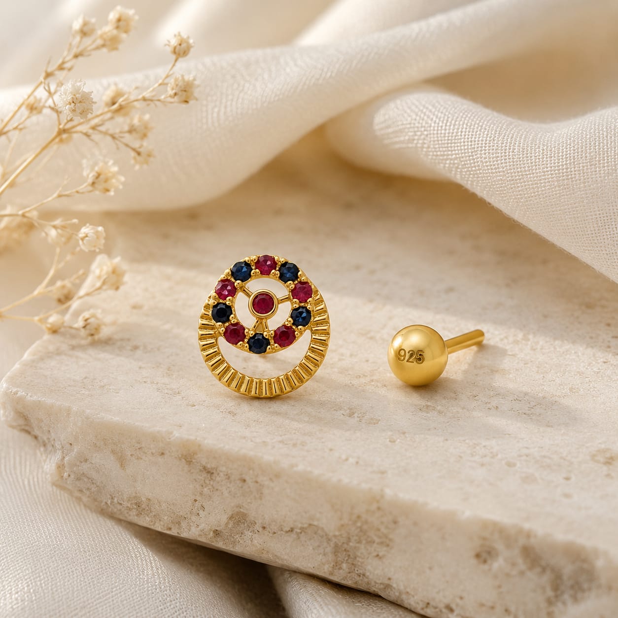 Ruby Sapphire Halo 925 Silver Nose Pin