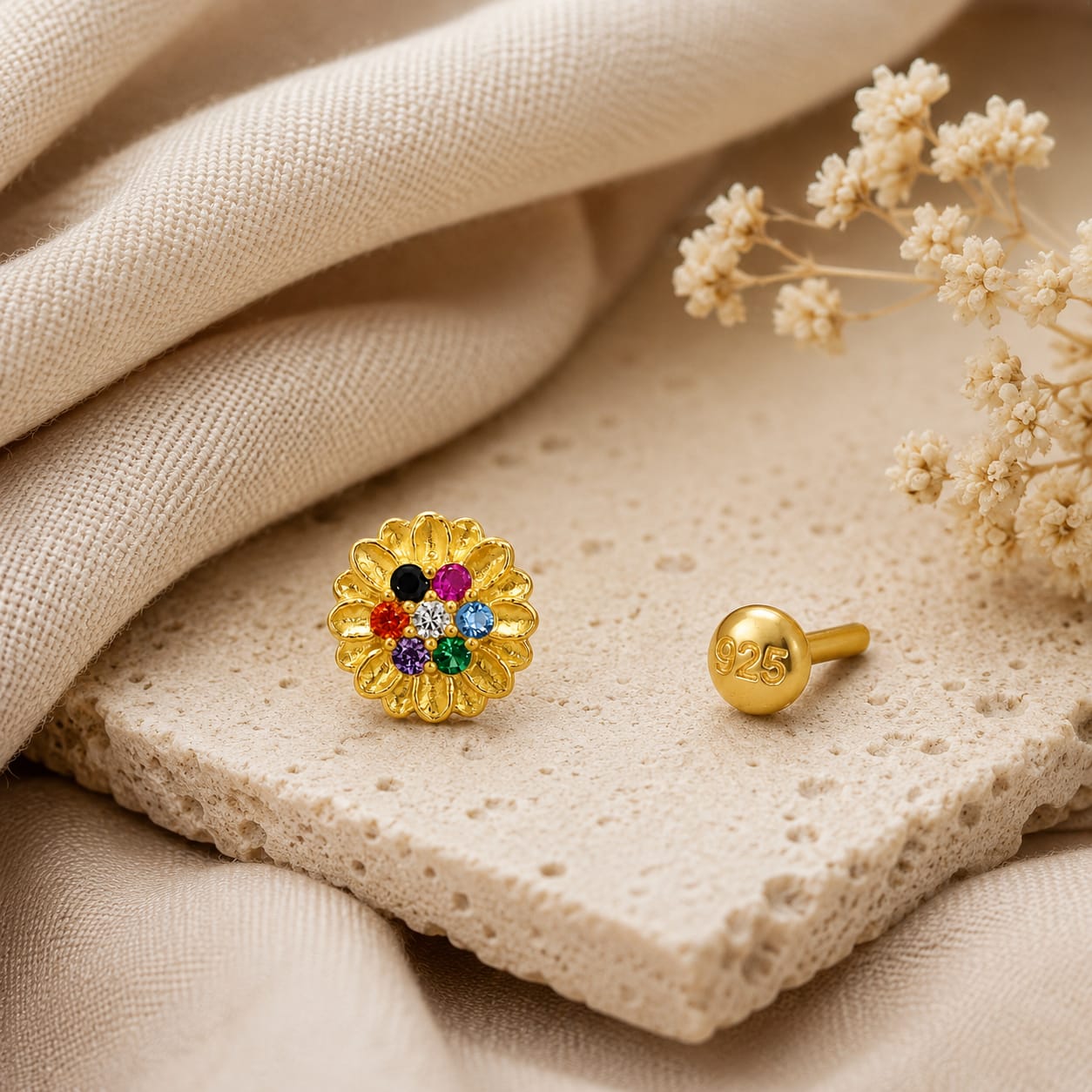 Navrang Floral Nose Pin in 925 Sterling Silver