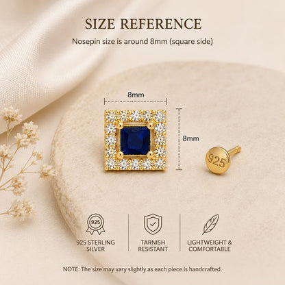 Blue Square CZ Halo Nose Pin in 925 Sterling Silver | Gold Tone