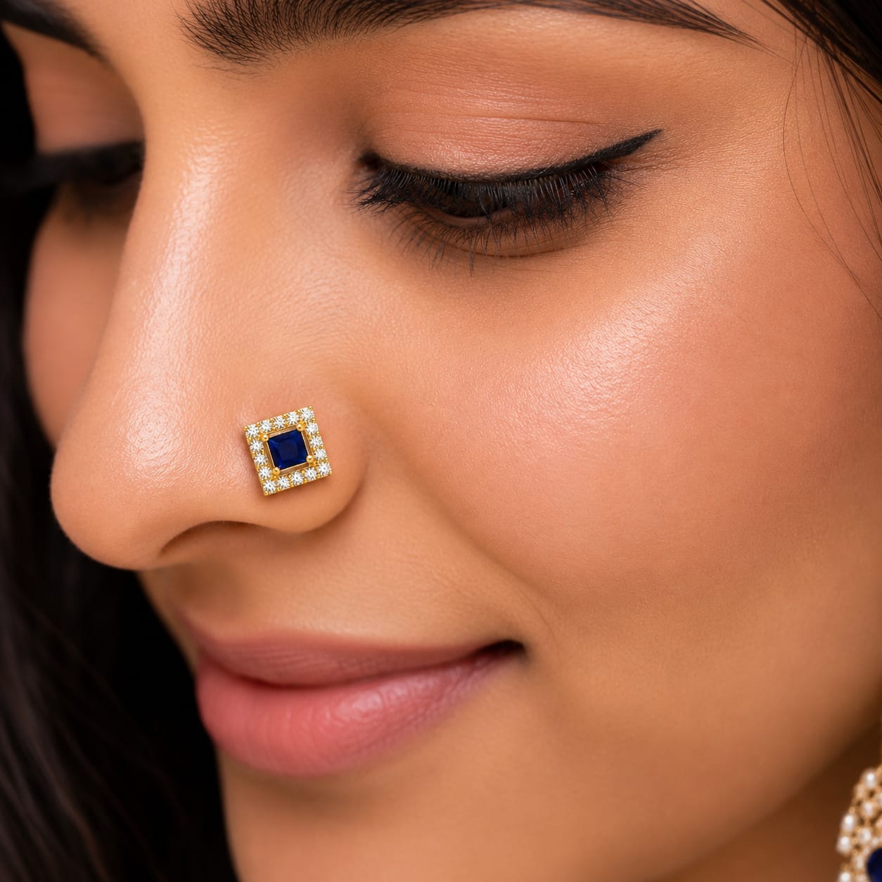 Blue Square CZ Halo Nose Pin in 925 Sterling Silver | Gold Tone
