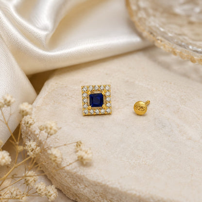 Blue Square CZ Halo Nose Pin in 925 Sterling Silver | Gold Tone