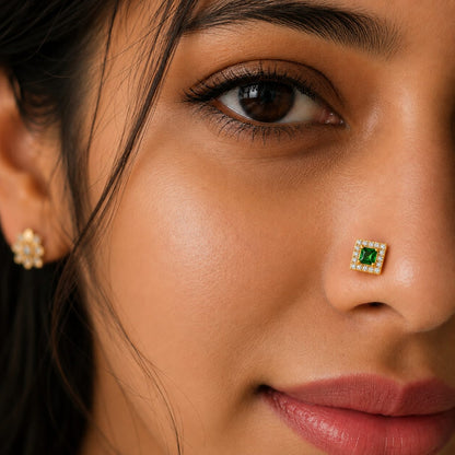 Green Square CZ Halo Nose Pin in 925 Sterling Silver | Gold Tone