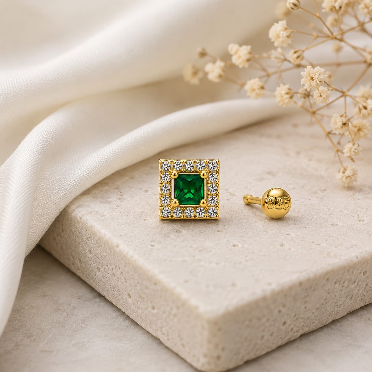 Green Square CZ Halo Nose Pin in 925 Sterling Silver | Gold Tone