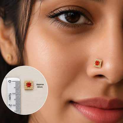 Orange Square CZ Halo Nose Pin in 925 Sterling Silver | Gold Tone