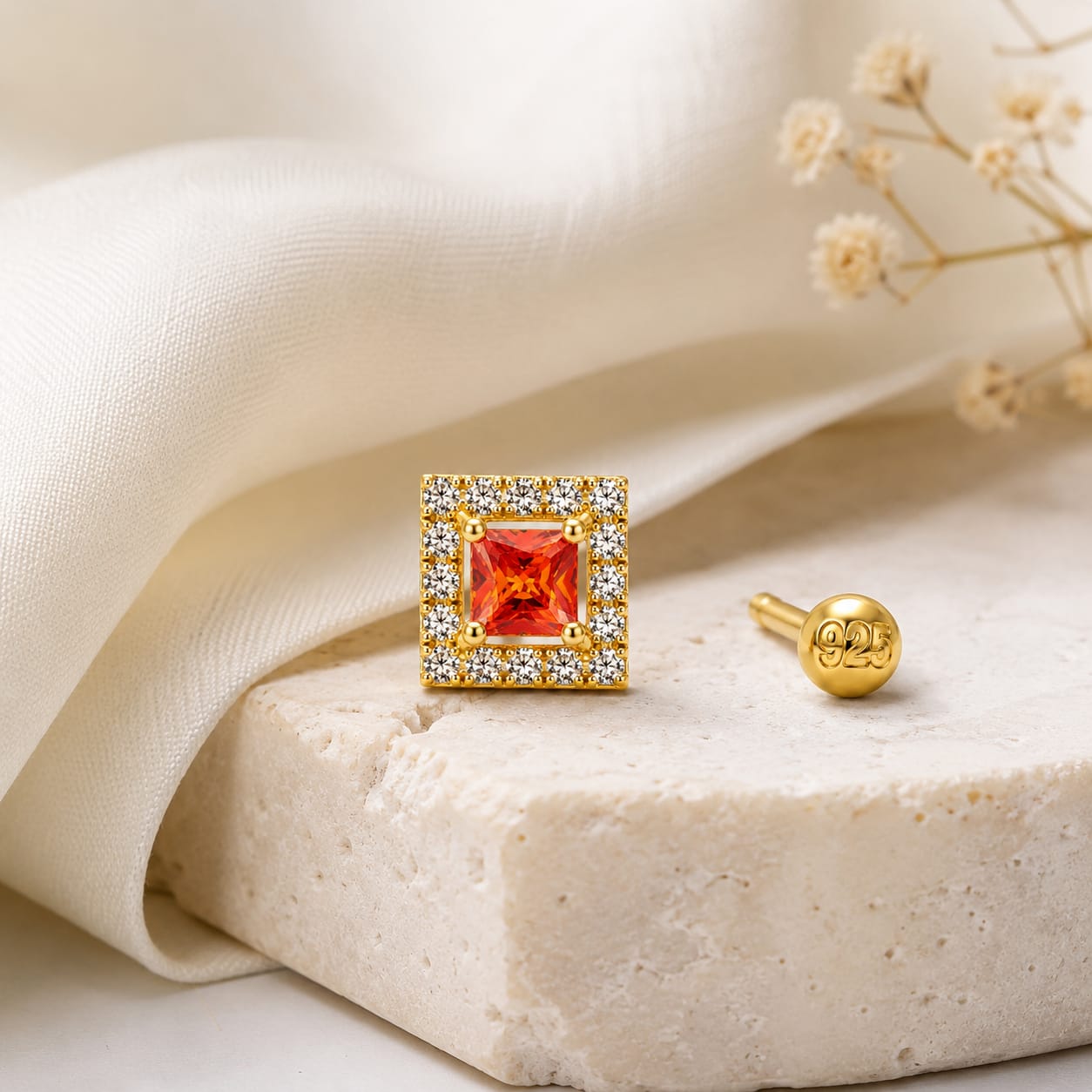 Orange Square CZ Halo Nose Pin in 925 Sterling Silver | Gold Tone