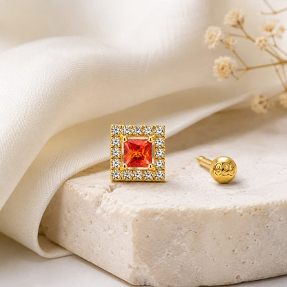 Orange Square CZ Halo Nose Pin in 925 Sterling Silver | Gold Tone