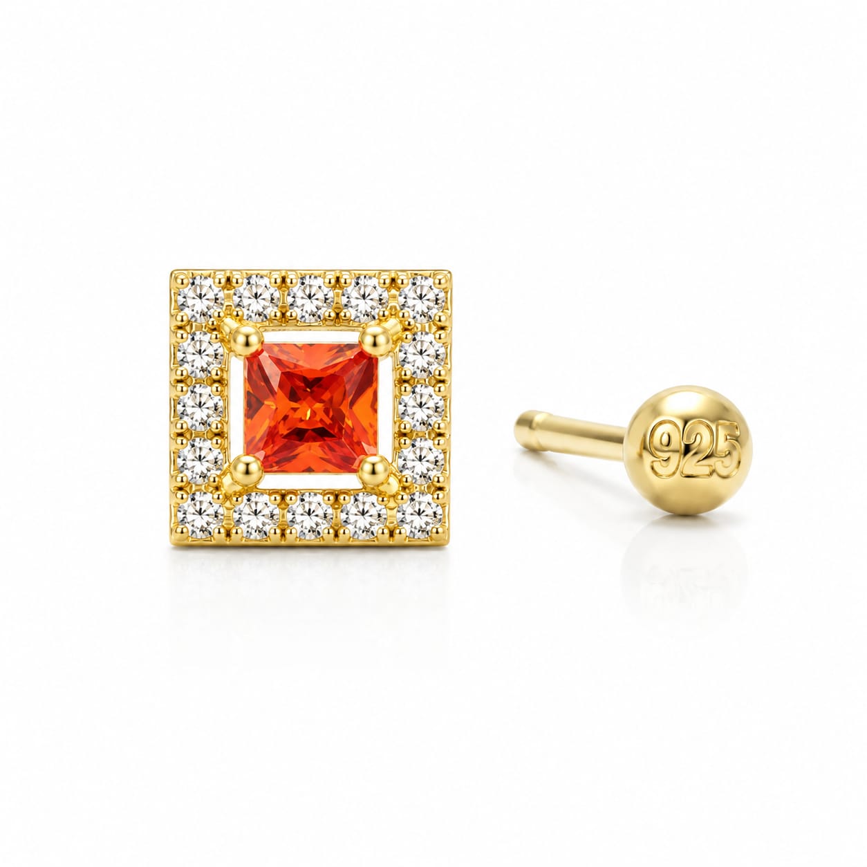 Orange Square CZ Halo Nose Pin in 925 Sterling Silver | Gold Tone