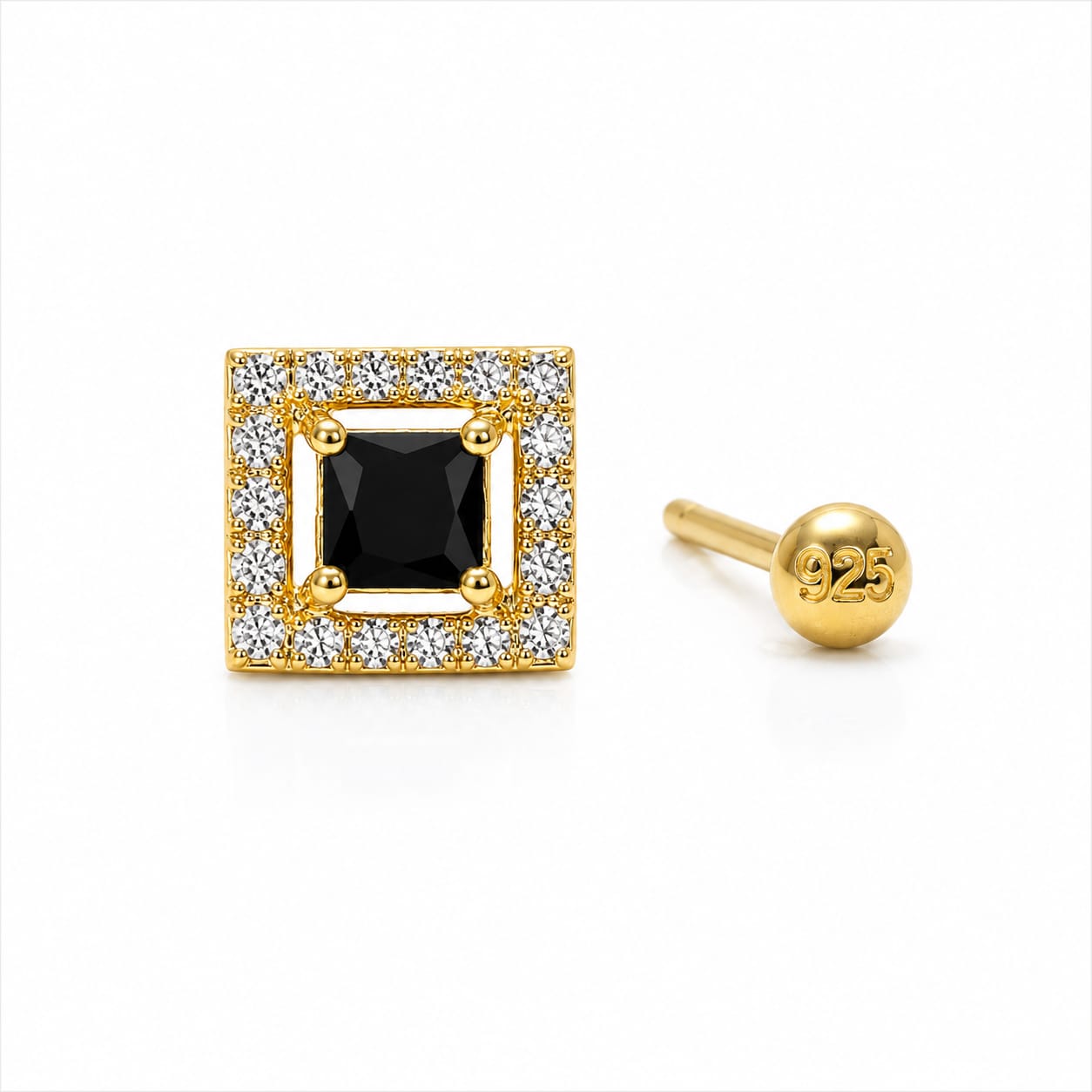 Black Square CZ Halo Nose Pin in 925 Sterling Silver | Gold Tone