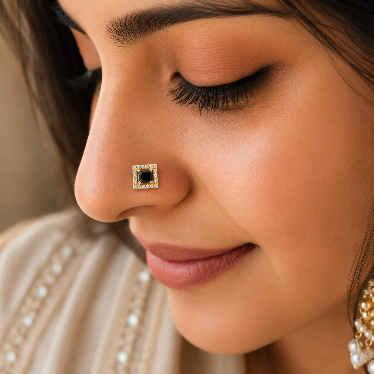 Black Square CZ Halo Nose Pin in 925 Sterling Silver | Gold Tone
