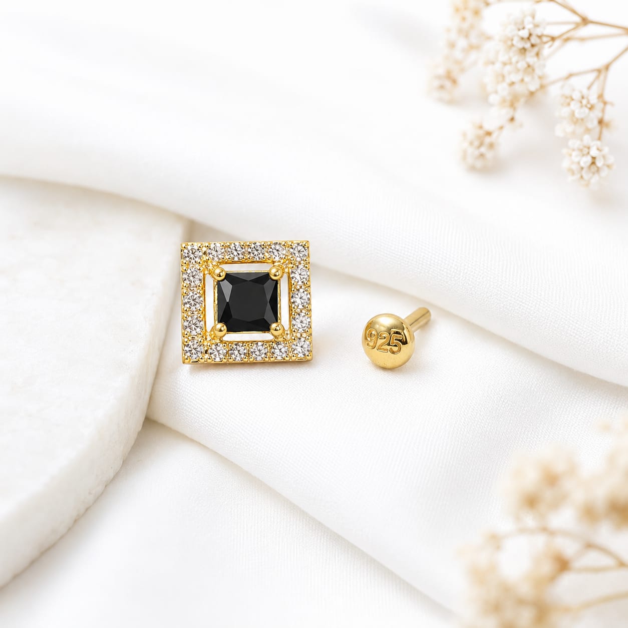Black Square CZ Halo Nose Pin in 925 Sterling Silver | Gold Tone