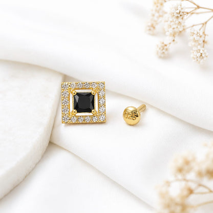 Black Square CZ Halo Nose Pin in 925 Sterling Silver | Gold Tone