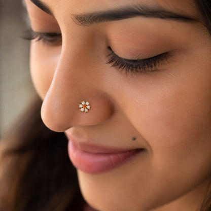 Sunflower CZ Floral Nose Pin in 925 Sterling Silver | Gold Tone