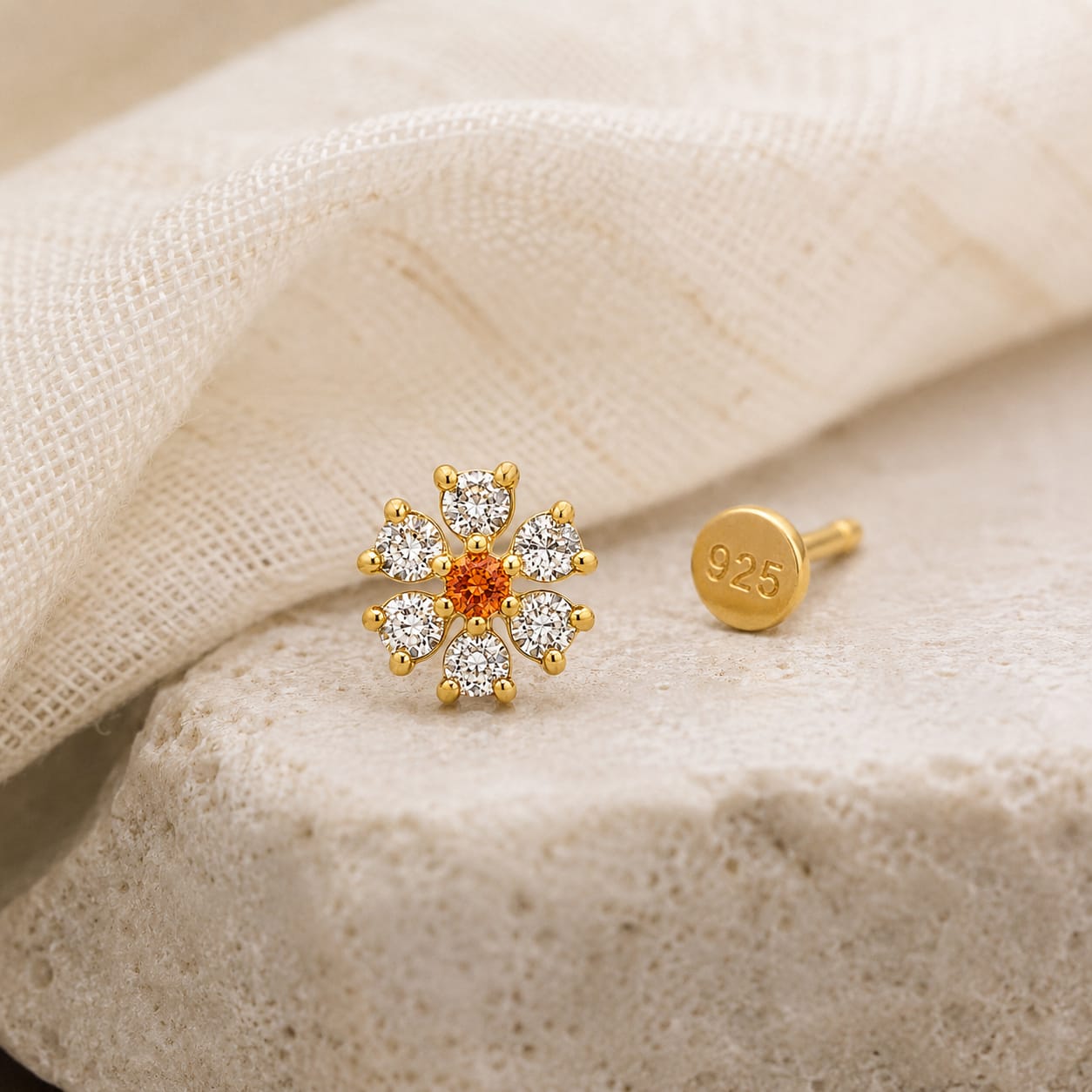 Sunflower CZ Floral Nose Pin in 925 Sterling Silver | Gold Tone