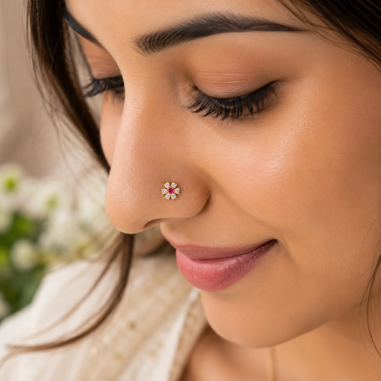 Ruby Bloom CZ Flower Nose Pin in 925 Sterling Silver | Gold Tone