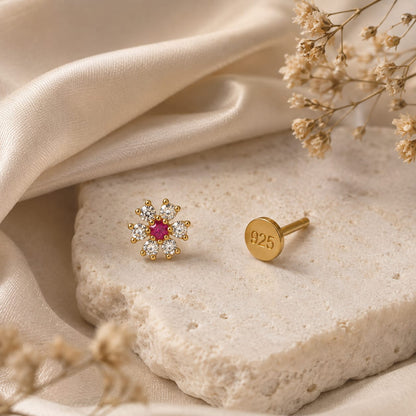 Ruby Bloom CZ Flower Nose Pin in 925 Sterling Silver | Gold Tone