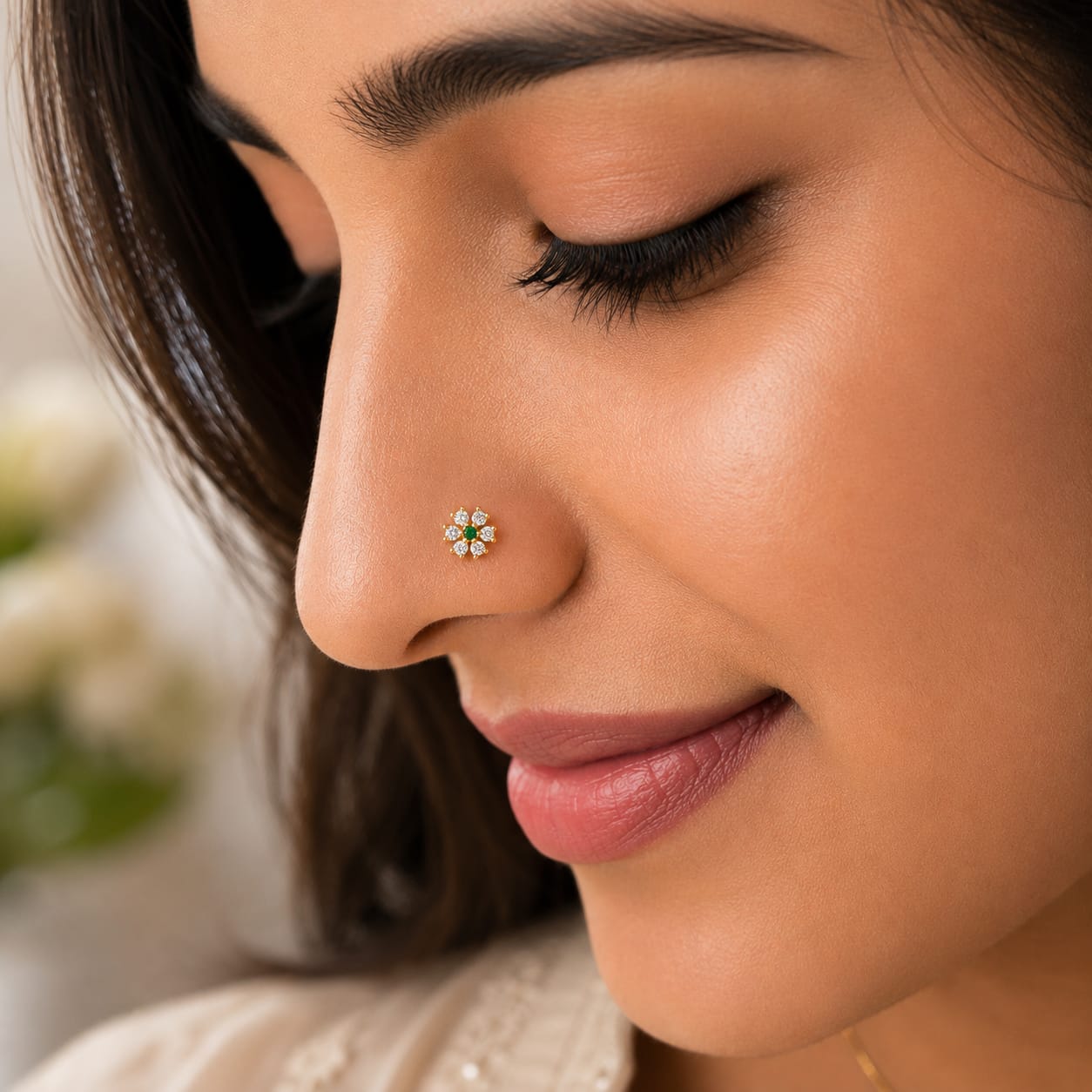 Emerald Bloom CZ Flower Nose Pin in 925 Sterling Silver | Gold Tone
