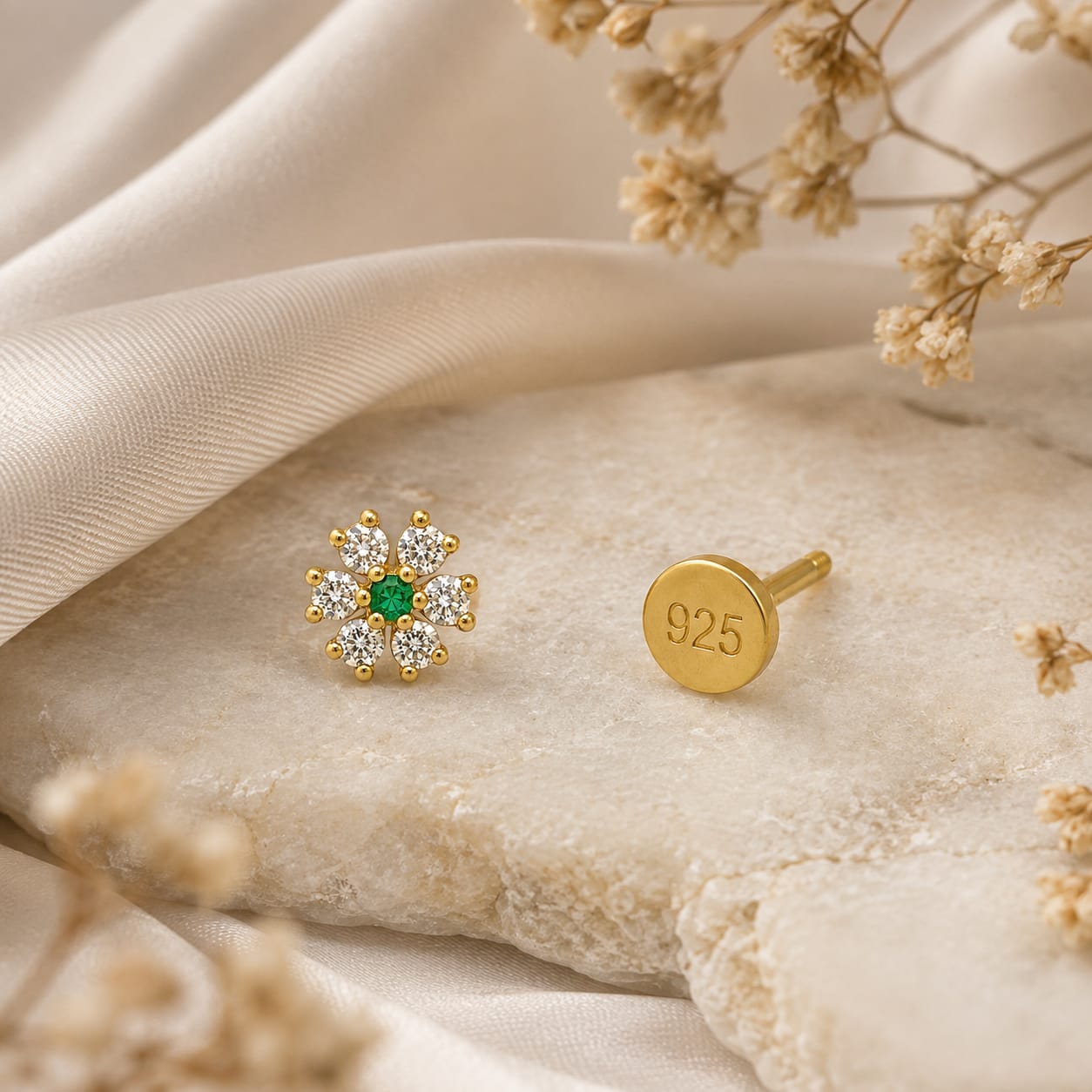 Emerald Bloom CZ Flower Nose Pin in 925 Sterling Silver | Gold Tone