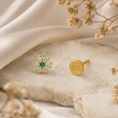 Emerald Bloom CZ Flower Nose Pin in 925 Sterling Silver | Gold Tone