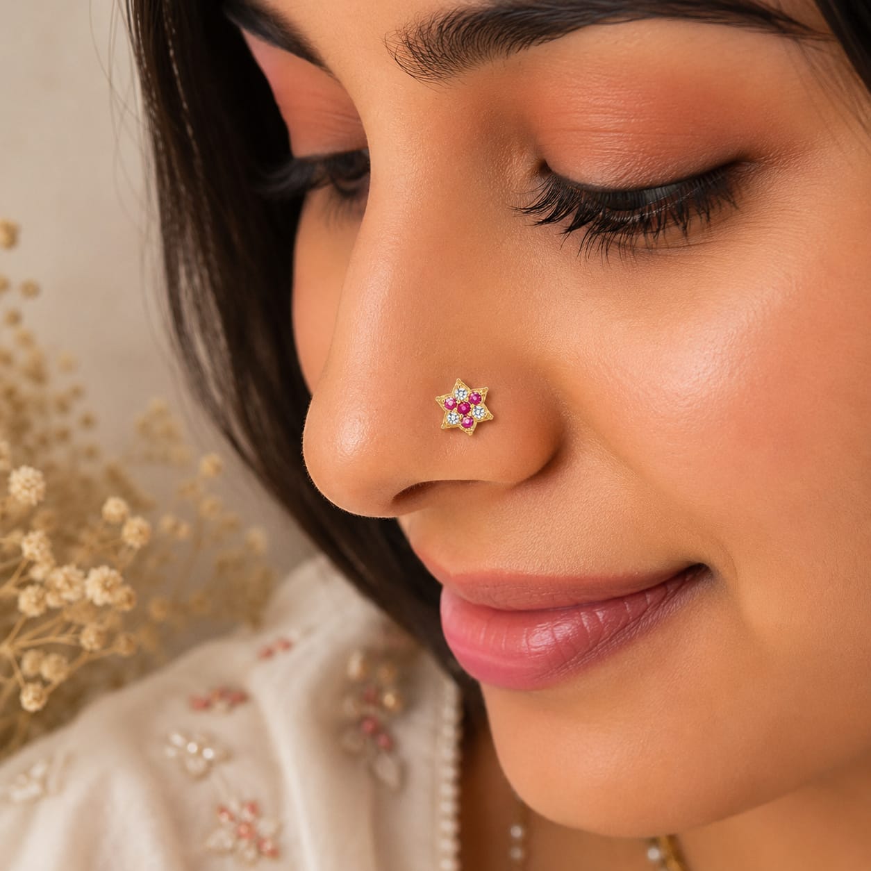 Ruby Star CZ Nose Pin in 925 Sterling Silver | Gold Tone