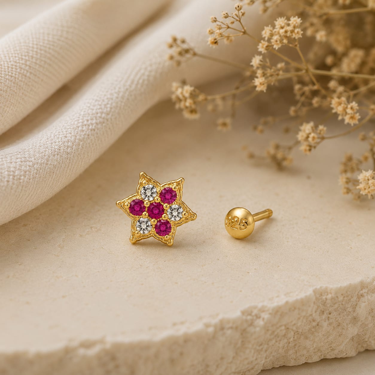 Ruby Star CZ Nose Pin in 925 Sterling Silver | Gold Tone