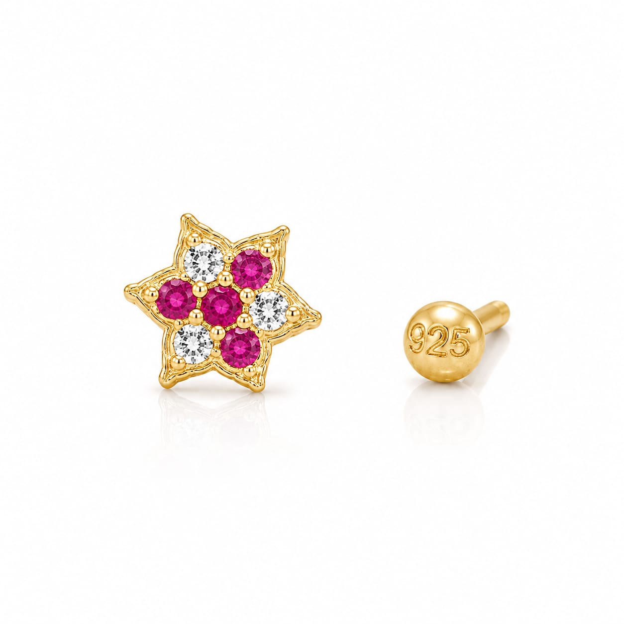 Ruby Star CZ Nose Pin in 925 Sterling Silver | Gold Tone