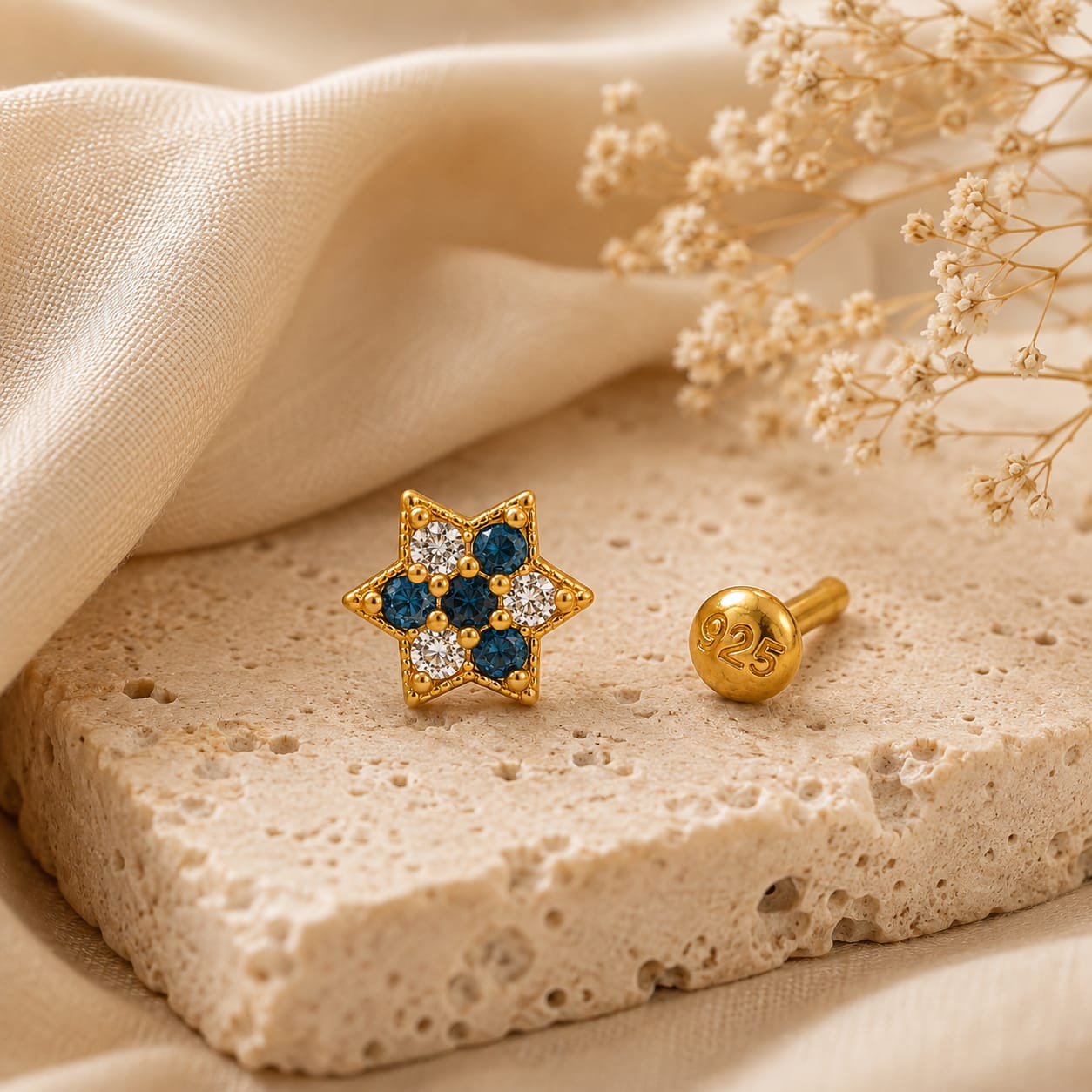 Blue Crystal Star 925 Silver Nose Pin