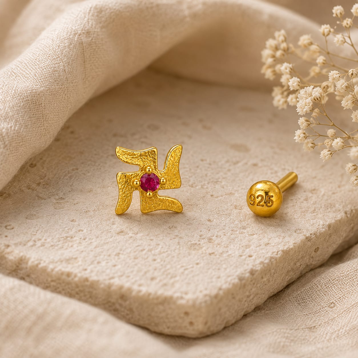 Ruby Divine Swastik 925 Silver Nose Pin