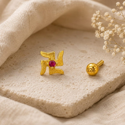 Ruby Divine Swastik 925 Silver Nose Pin