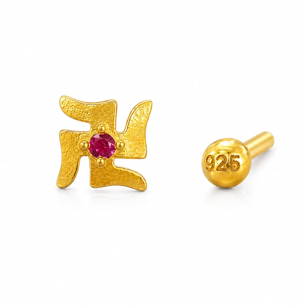 Ruby Divine Swastik 925 Silver Nose Pin