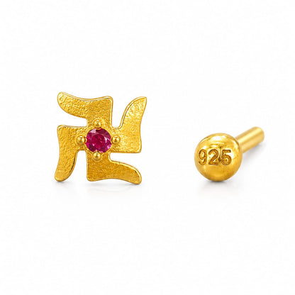 Ruby Divine Swastik 925 Silver Nose Pin
