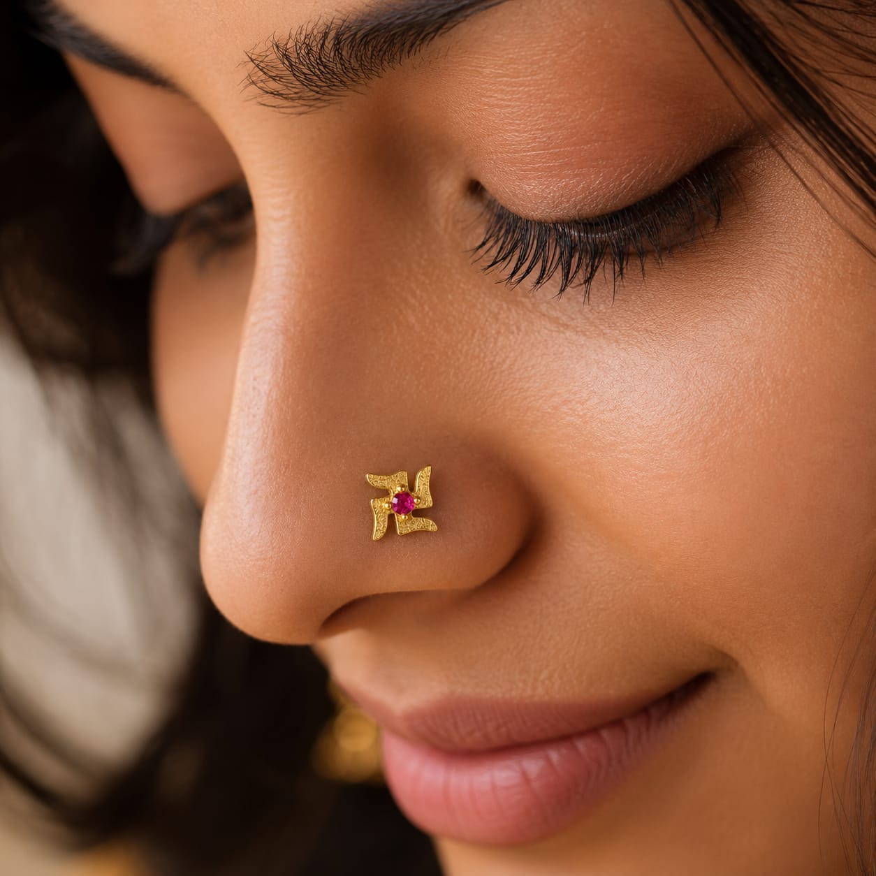 Ruby Divine Swastik 925 Silver Nose Pin