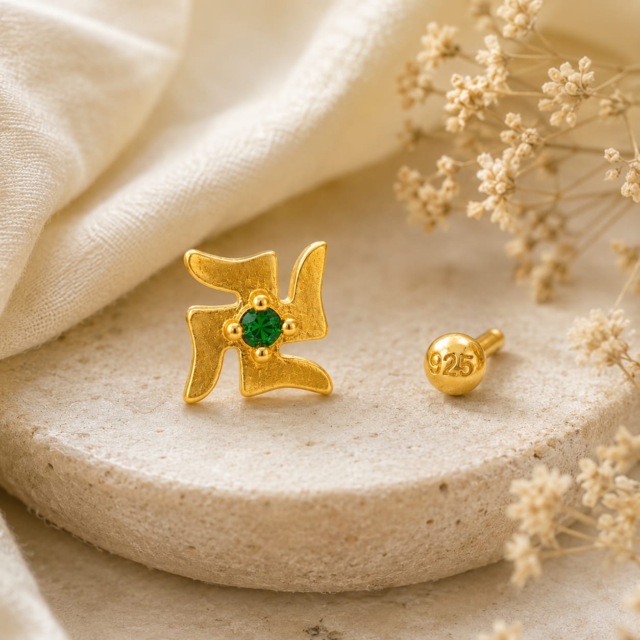 Emerald Divine Swastik 925 Silver Nose Pin