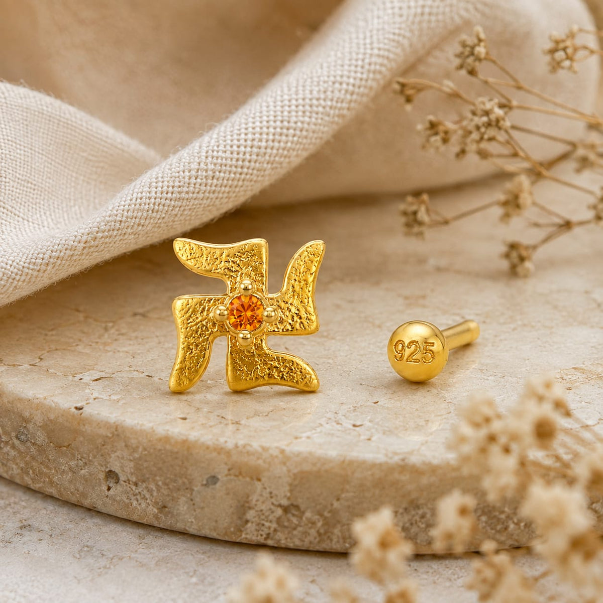Divine Swastik Amber 925 Silver Nose Pin