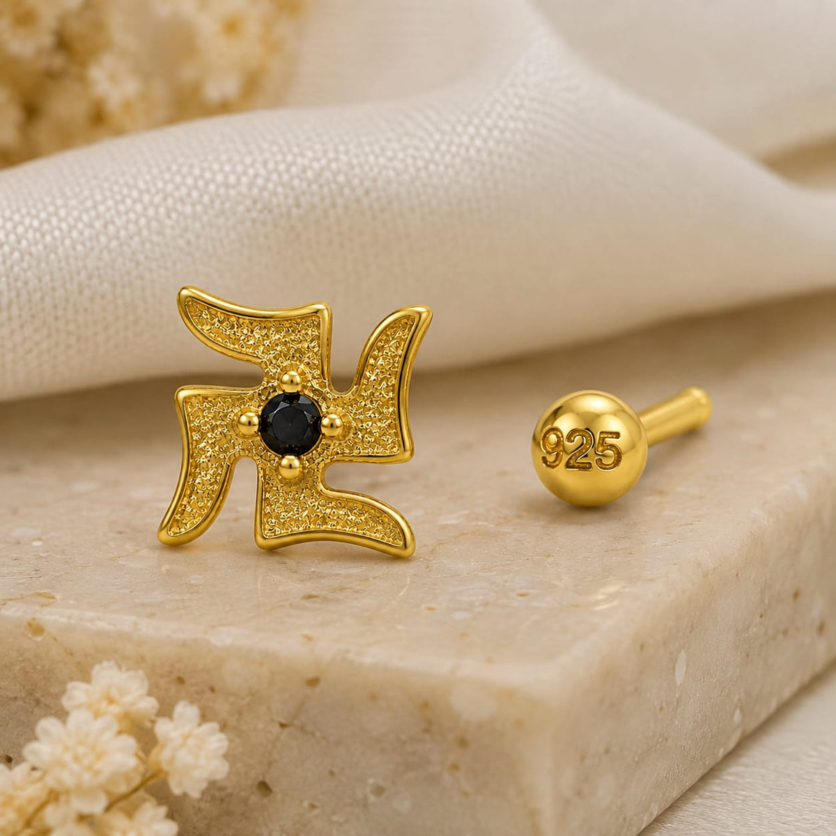 Divine Swastik Black Onyx 925 Silver Nose Pin