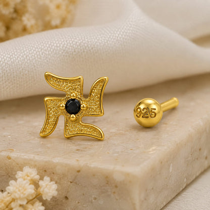 Divine Swastik Black Onyx 925 Silver Nose Pin