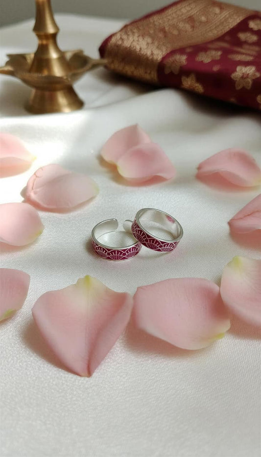 Pink Enamel Band 925 Silver Toe Rings (Pair)