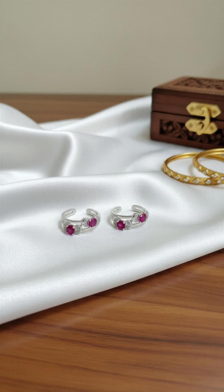 Twin Ruby 925 Silver Toe Rings (Pair)