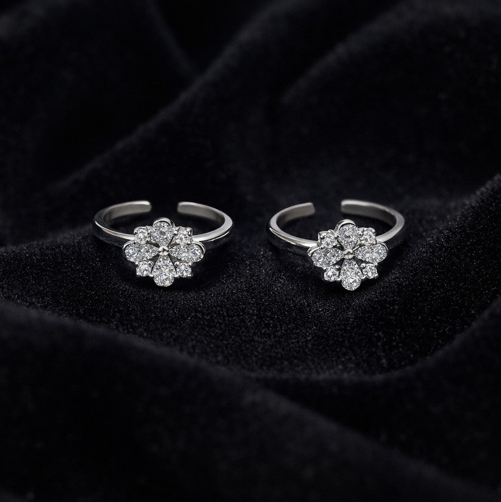 Crystal Bloom 925 Silver Toe Rings (Pair)