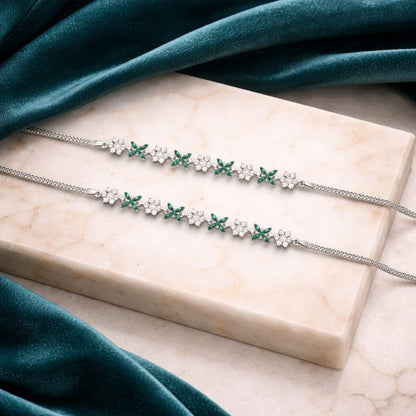 925 Sterling Silver Floral CZ Payal with Green Accents (Pair)