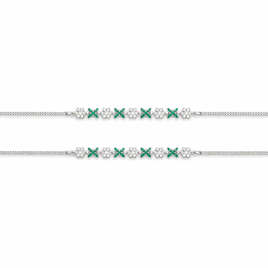 925 Sterling Silver Floral CZ Payal with Green Accents (Pair)